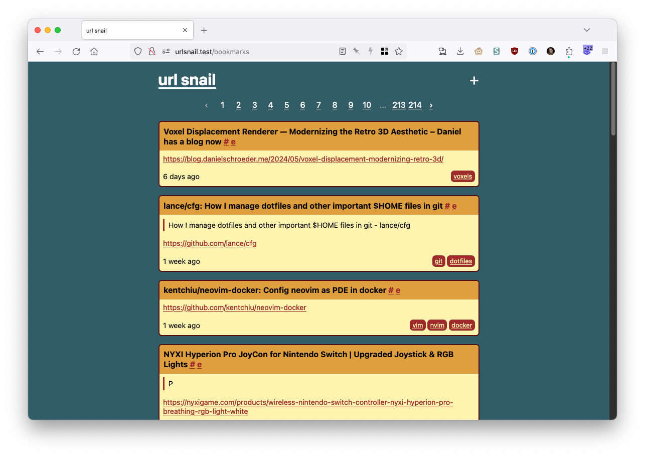 Screenshot of the bookmark index in url snail